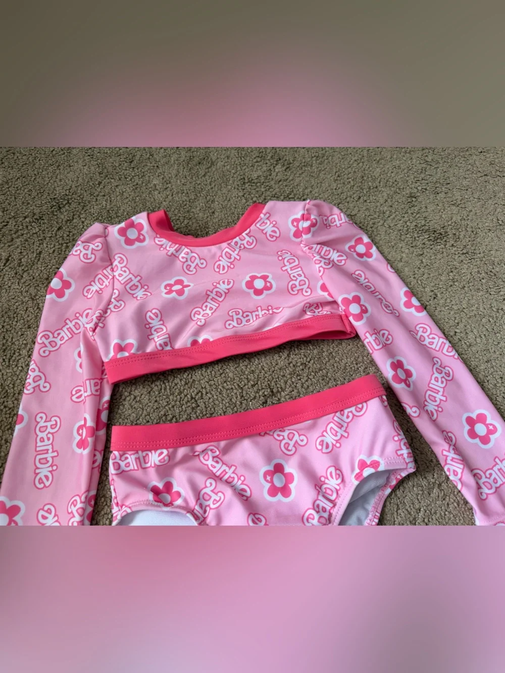 Barbie Toddler Girls Pink Long Sleeve Bikini Swimsuit 2-Piece UPF 50+ size 2T
